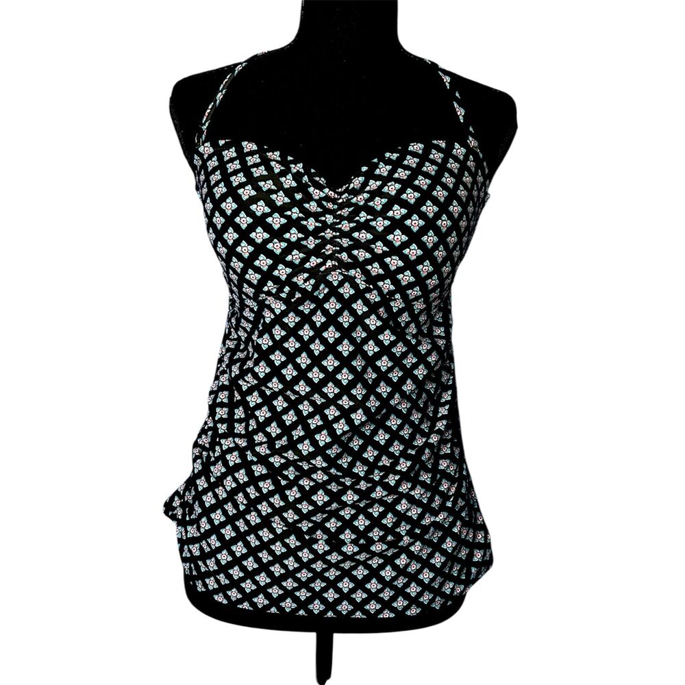 Merona Womens Black Diamond Floral Halter Tankini Top Sz M Swimwear Cinched Boho